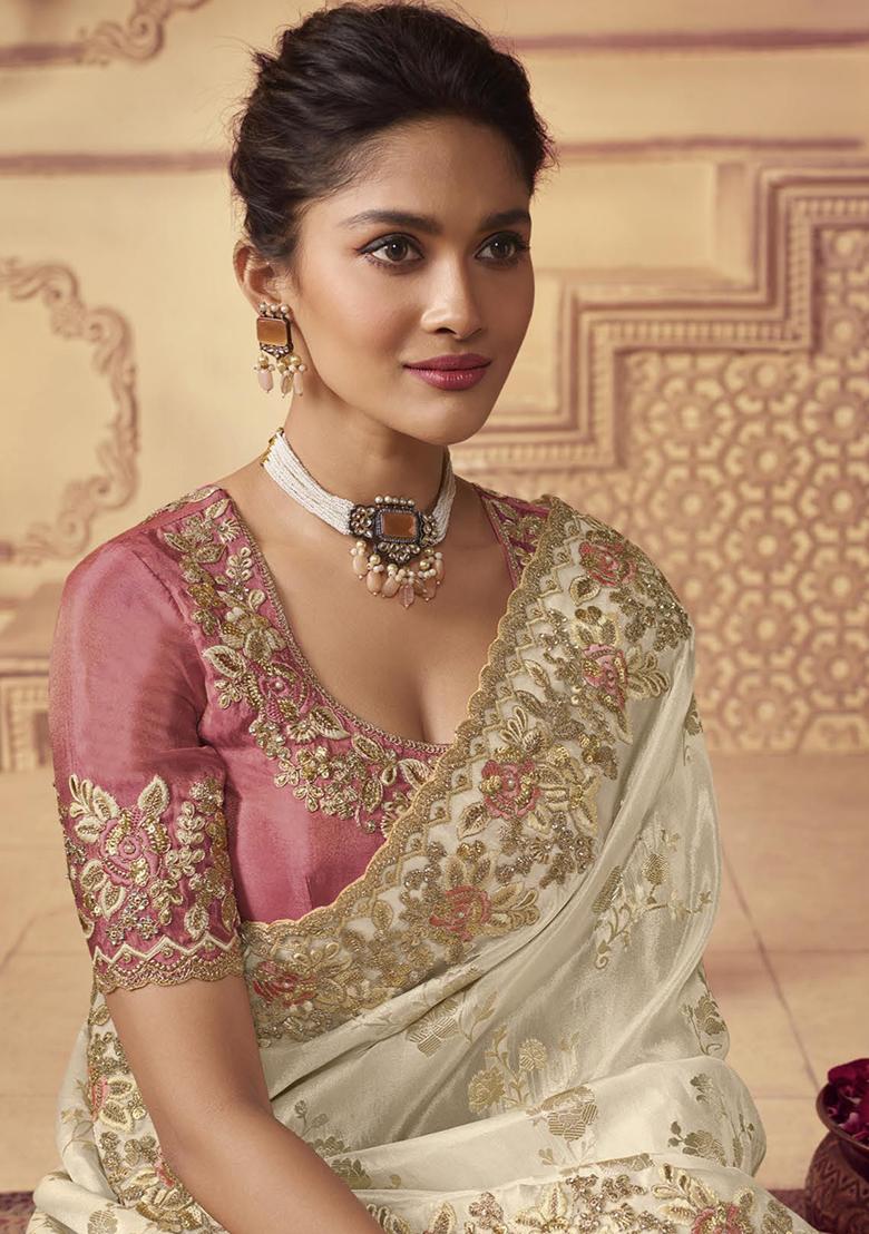 Cream Embroidered Silk Saree Set - Indya